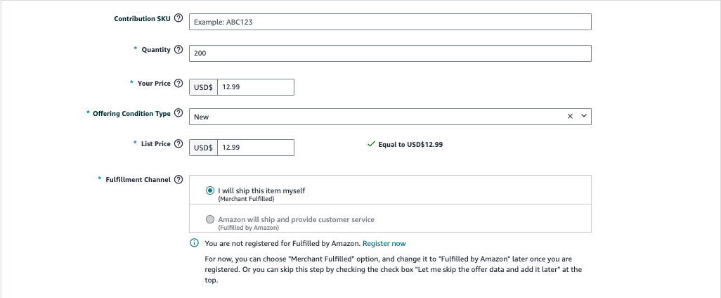 A screenshot displaying additional information sellers need to submit. Including your quantity, ask price, and how the product will be shipped to customers.